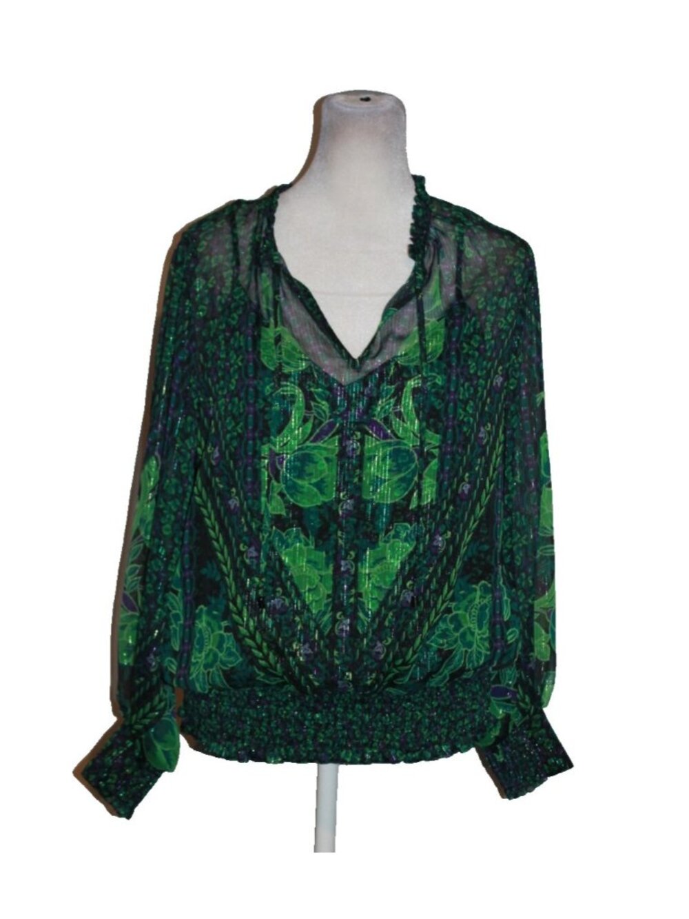 White House Black Market Sheer Built-in-Tank Top Blouse Metallic Green Size XS